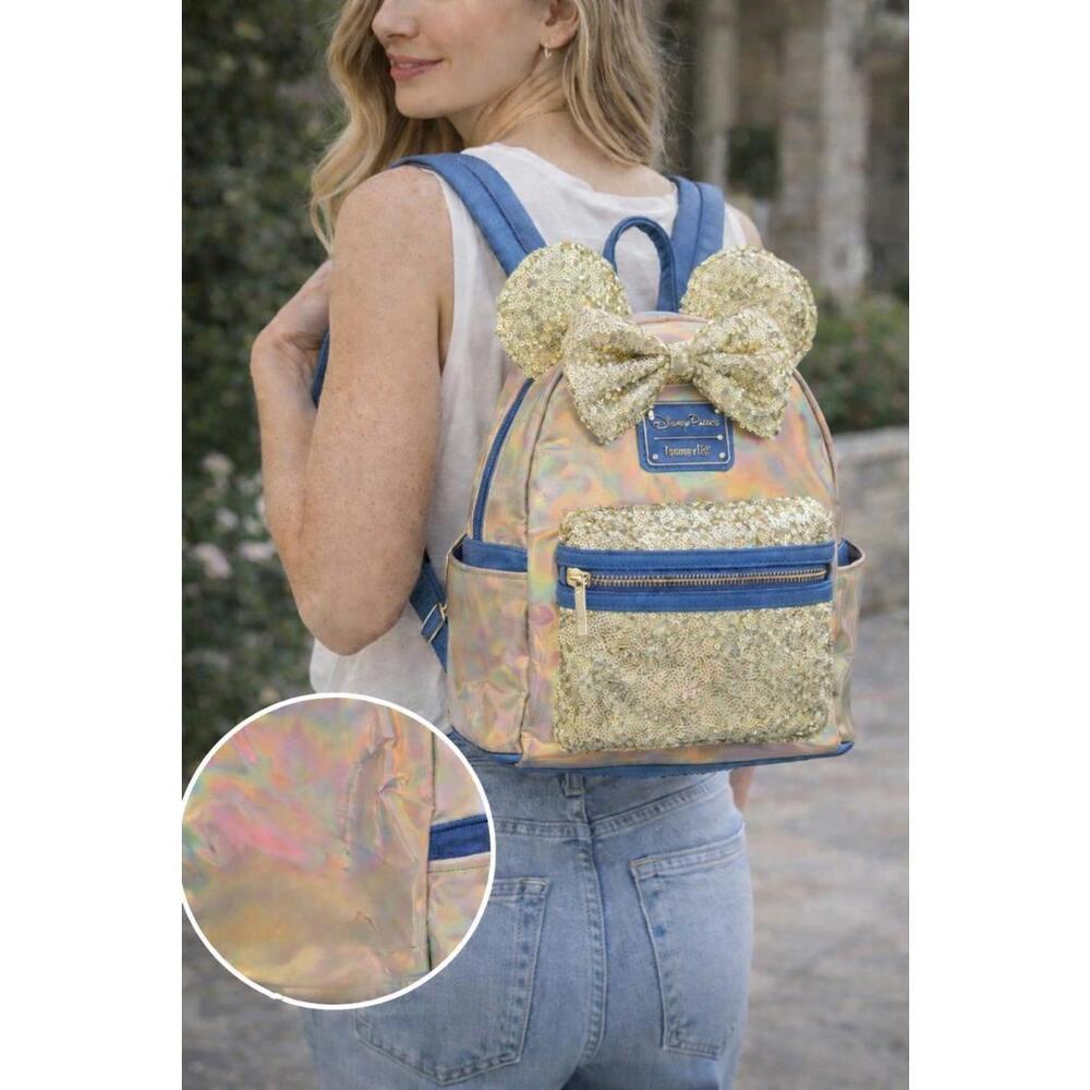 Disney Parks Gold 50th Anniversary Minnie EARidescent Shimmer Loungefly Backpack